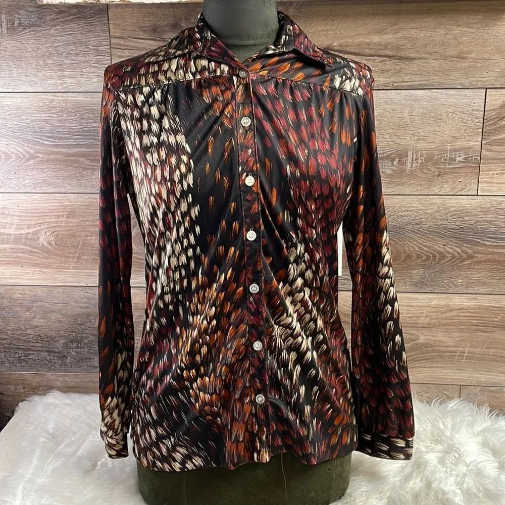 Miami International Ladies Vintage 70’s Button Up Dress Shirt Sz Small Brown